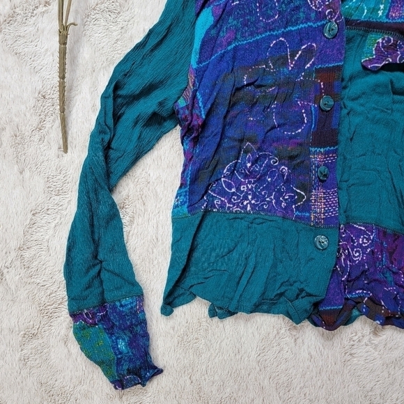 Vintage CM Shapes Turquoise Blue Green Patchwork Button Up Blouse Size 6 - Picture 4 of 8